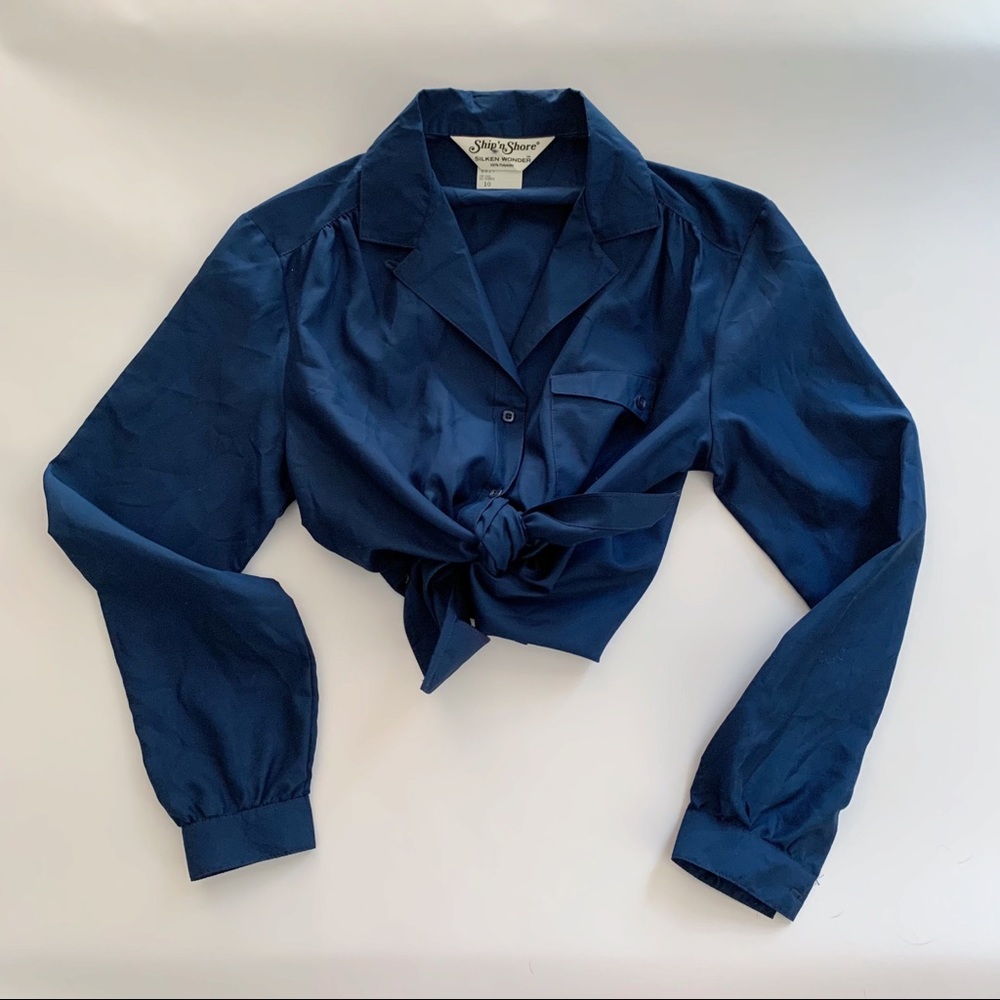 Vintage Navy Blue Collared Button Down Blouse